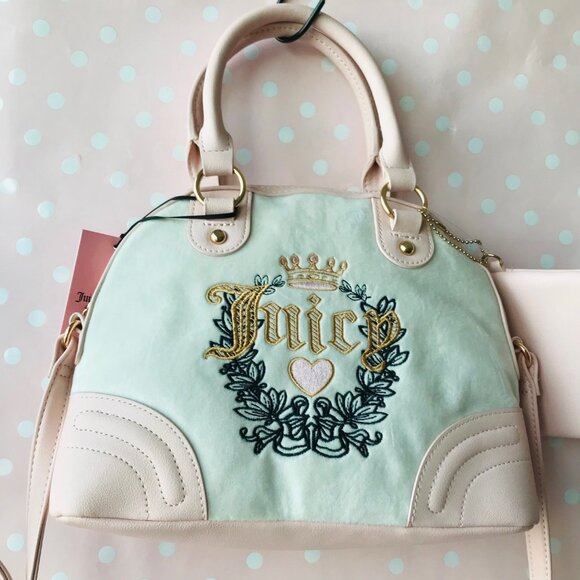 Juicy Couture HERITAGE SATCHEL Velour & Faux leather  w pouch Crystal /Pink Clay - Picture 2 of 12